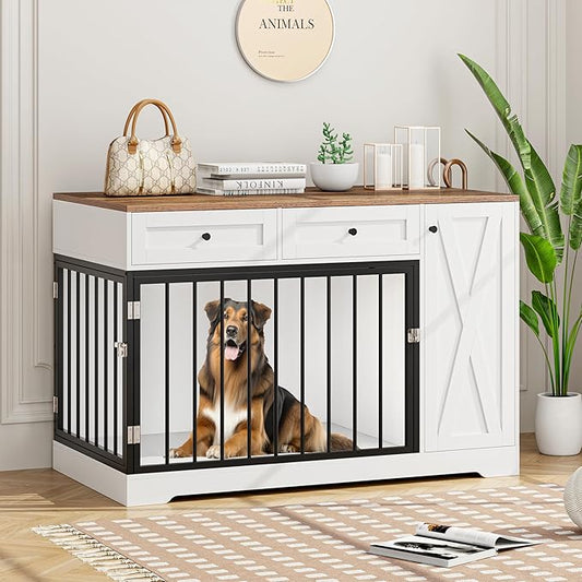 Dog Crate Furniture Kennel with Double Doors Wooden Pet House with 2 Drawers and Storage Cabinet, Indoor Dog Cage Farmhouse Modern Side End Table for Small Medium Dogs, White-PawvioPets