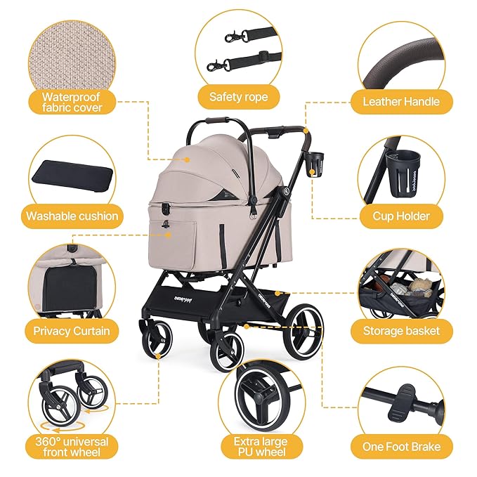 BEBEROAD X3 2 in 1 Pet Stroller for Medium or Two Small Dogs & Cats 4 Wheels Lightweight Foldable Carrier Dog Stroller with Waterproof Weather Cover Cup Holder,Storage Basket(Camel)-PawvioPets