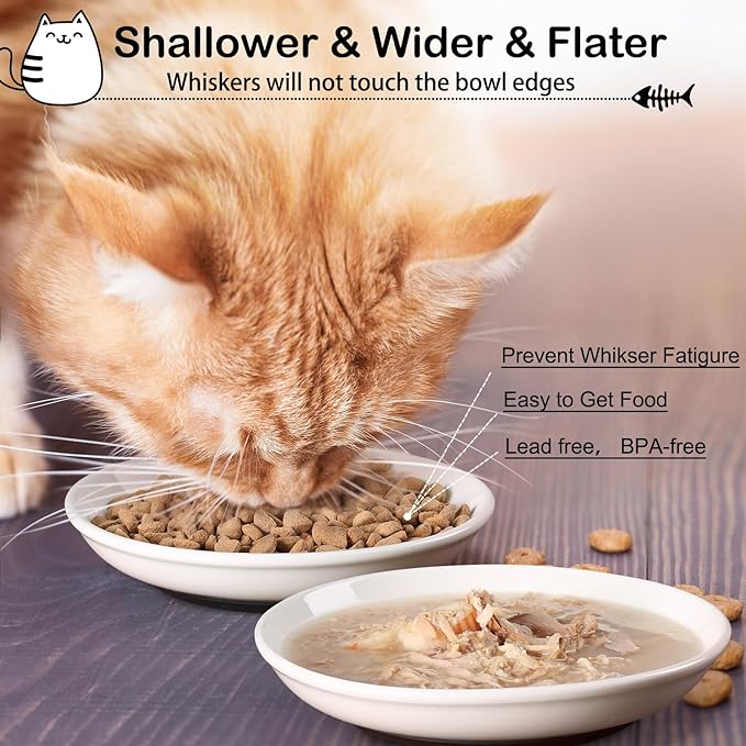 Cat Food Bowl,Healthy Ceramic Cat Bowls for Indoor Cats,Anti Whisker Fatigue Cats Dishes Set,Shallow Wide Kitten Plates for Food and Water,Non-Slip Silicone Bottom,3 Pack-PawvioPets