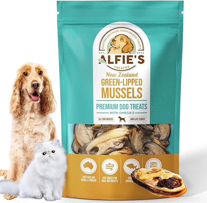ALFIE'S TREATOS Green Lipped Mussels for Dogs & Cats (2.65 oz), Air-Dried Dog Treats, Natural Supplement & Omega-3 Food Topper, Single Ingredient, Freeze-Dried Alternative-PawvioPets