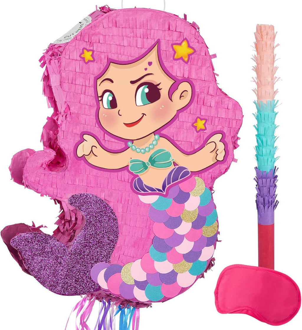 WERNNSAI Foldable Mermaid Pinata - Pull String Mermaid Birthday Party Supplies Extendable Mermaid with Blindfold Bat and Tassels Mermaid Party Decoration Folding Mermaid Girl Piñatas for Game