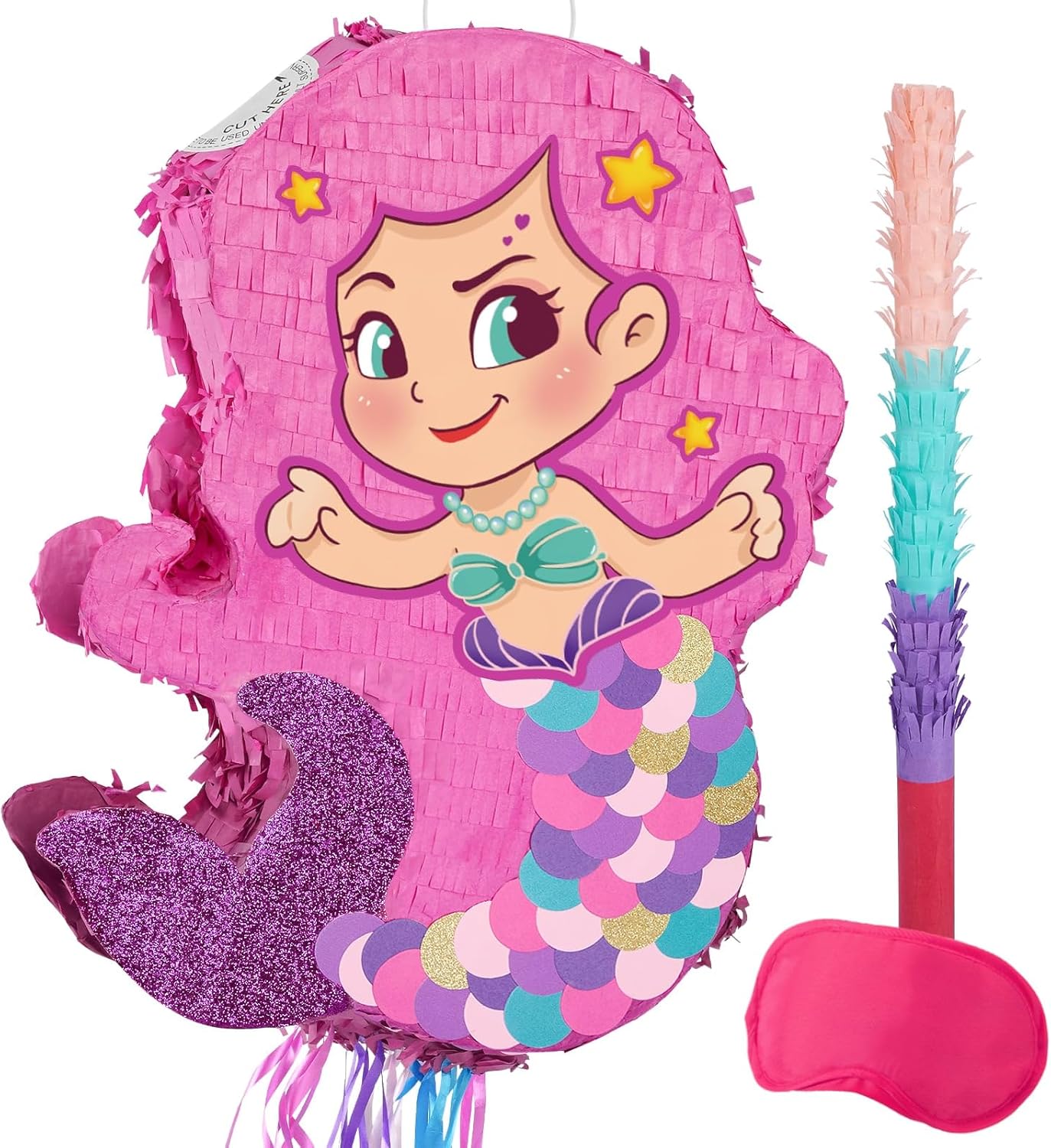 WERNNSAI Foldable Mermaid Pinata - Pull String Mermaid Birthday Party Supplies Extendable Mermaid with Blindfold Bat and Tassels Mermaid Party Decoration Folding Mermaid Girl Piñatas for Game