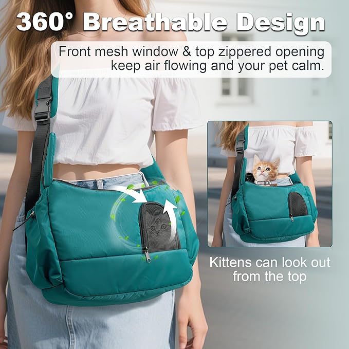 Dog Sling Carrier for Small Pets, Hands-Free Cat Carrier Pouch up to 8.8 lb, Cat Sling with Safety Strap and Pockets, Ideal for Travel and Daily Use, Peacock Blue-PawvioPets