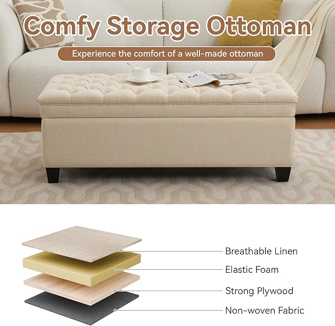 51" Fabric Storage Ottoman Bench, Upholstered Rectangle End of Bed Storage Ottoman Tufted Living Room Bedroom Bench with Safety Hinge, Solid Wood Legs, Loads 500 lb(Khaki)-PawvioPets