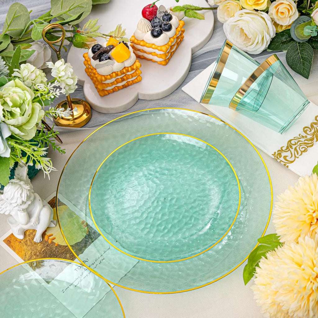 Rubtlamp 175 Pcs Green Plastic Plates Dinnerware Set (25 Guests), Hammered Plates Sets, Green Plastic Party Plates Set include 50 Disposable Plates Set, 75 Gold Plastic Silverware, 25 Cups 25 Napkins