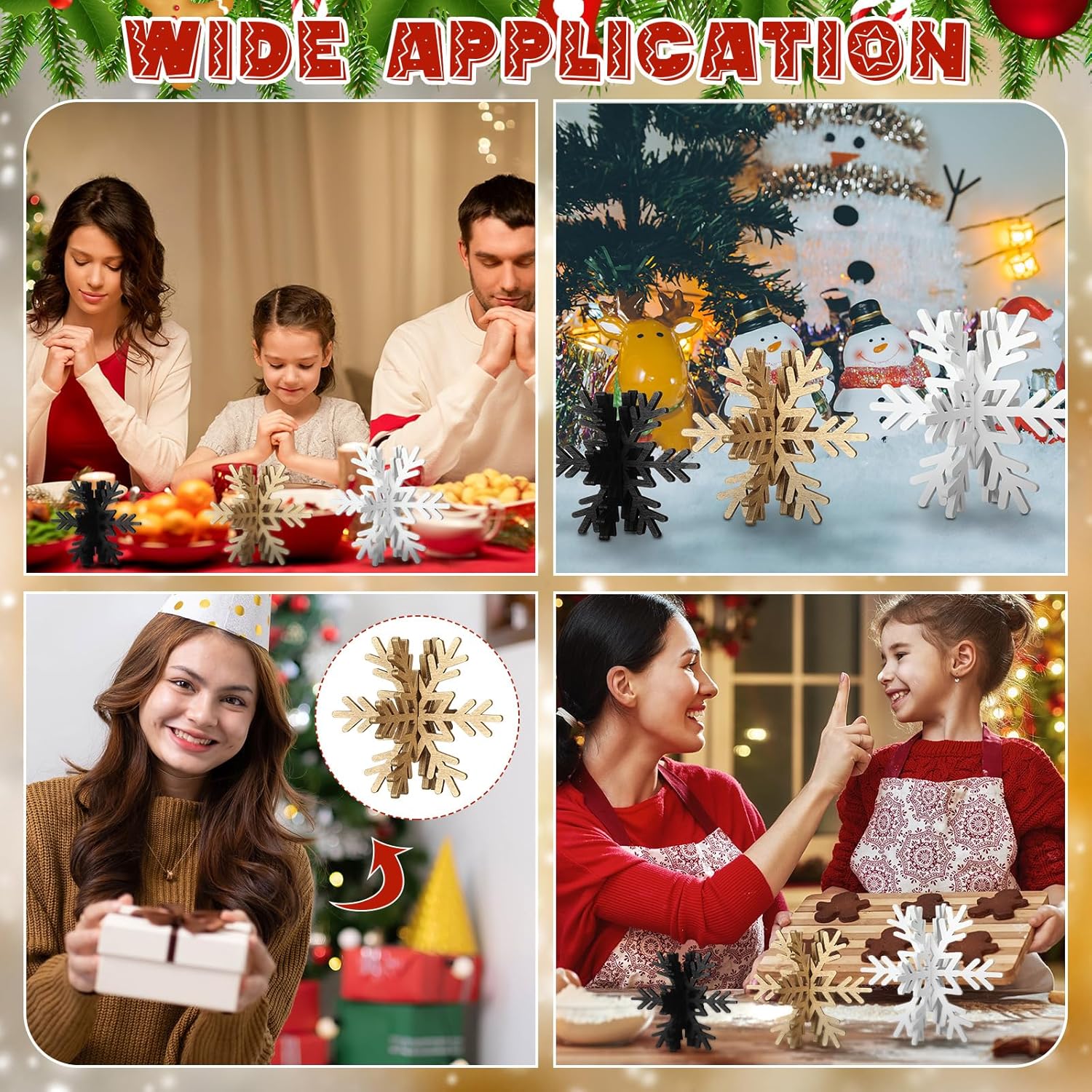 Bucherry 12 Pcs Wooden Snowflake Table Decor 3D Snowflake Tabletop Signs and Centerpiece for Christmas Xmas Winter Wonderland Decorations Home Party(White, Gold, Black)