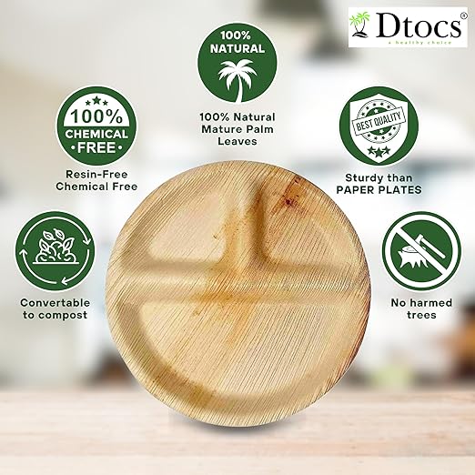 Dtocs 3 Compartment Plates (50 Pc) Palm Leaf 10 Inch Round Portion Control Buffet Sectional Plate | Bamboo Plates Disposable Like Compostable Camping Dinnerware Stronger than Divided Paper, Styrofoam-PawvioPets