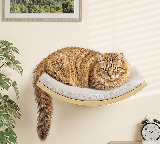 4-Piece Cats Wall Furniture with Cat Window Perch – Wood Wall Mounted Cat Shelves Set with Foam-Padded Curved Bed, Flat Perch & 4-Step Cats Stairs-PawvioPets