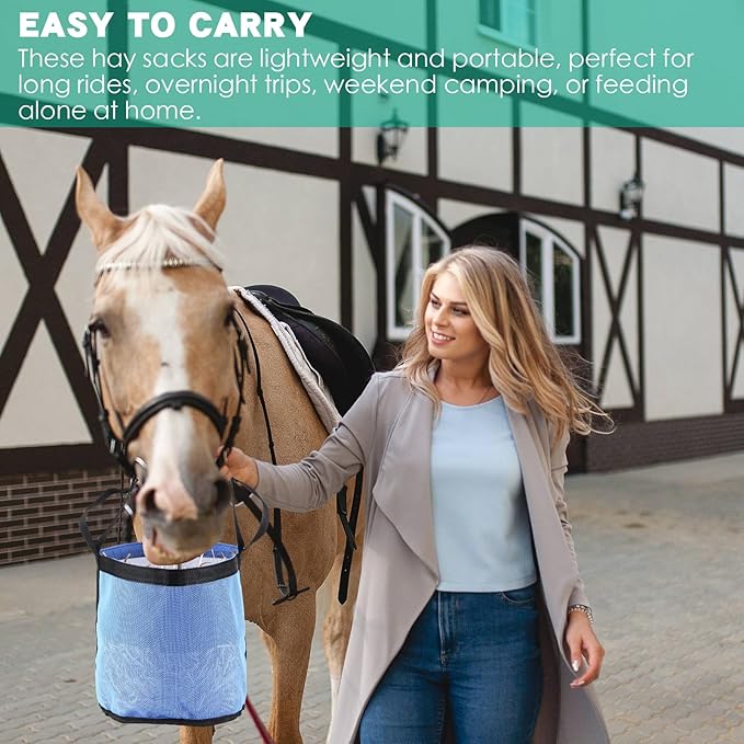 2 Pcs Horses Feed Horse Bag for Grain Hay Bags Heavy Duty Mesh Horse Feeder with Adjustable Strap Comfort Neck Pad Nose Pad and Waterproof Bottom Muzzle(Blue)-PawvioPets