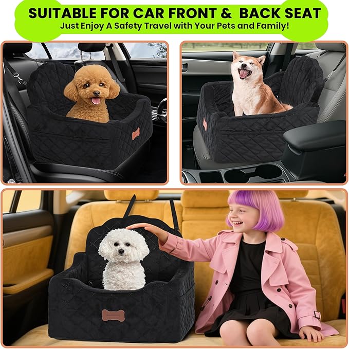 Dog Car Seat for Small Dogs Under 30lbs, Detachable Washable Pet Booster Seat with Safety Belt & Storage Pockets, Travel Car Bed, Black-PawvioPets