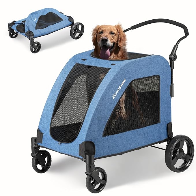 EchoSmile Heavy-Duty Large Dog Stroller with Shock-Absorbing Wheels, Foldable Pet Travel Carrier for Medium & Large Dogs, 5 Mesh Windows, 160 lbs Capacity, Easy Assembly & Storage-PawvioPets