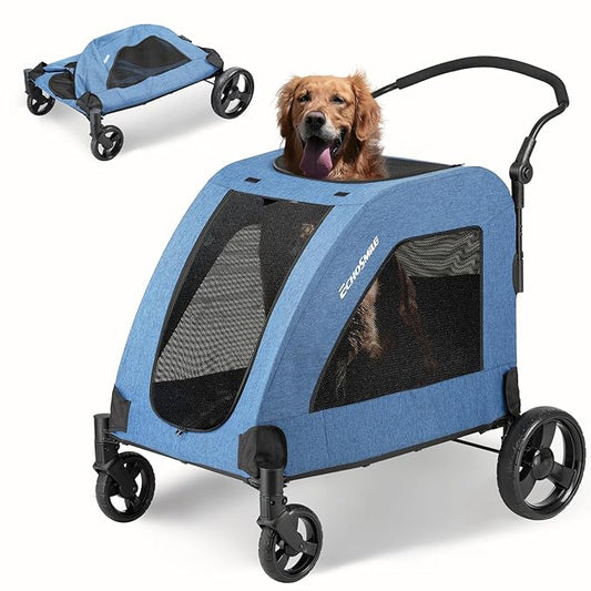 EchoSmile Heavy-Duty Large Dog Stroller with Shock-Absorbing Wheels, Foldable Pet Travel Carrier for Medium & Large Dogs, 5 Mesh Windows, 160 lbs Capacity, Easy Assembly & Storage-PawvioPets