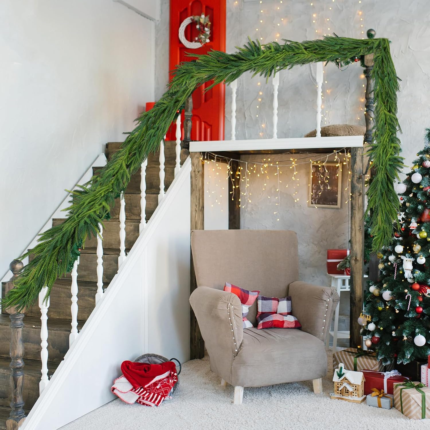 2 Pcs Artificial Norfolk Pine Garlands Christmas, 9 FT Dense Real Touch Winter Pine Garland Ornament, Green Artificial Greenery Garland for Table, Mantle, Wall, Indoor, Outdoor Christmas Decorations