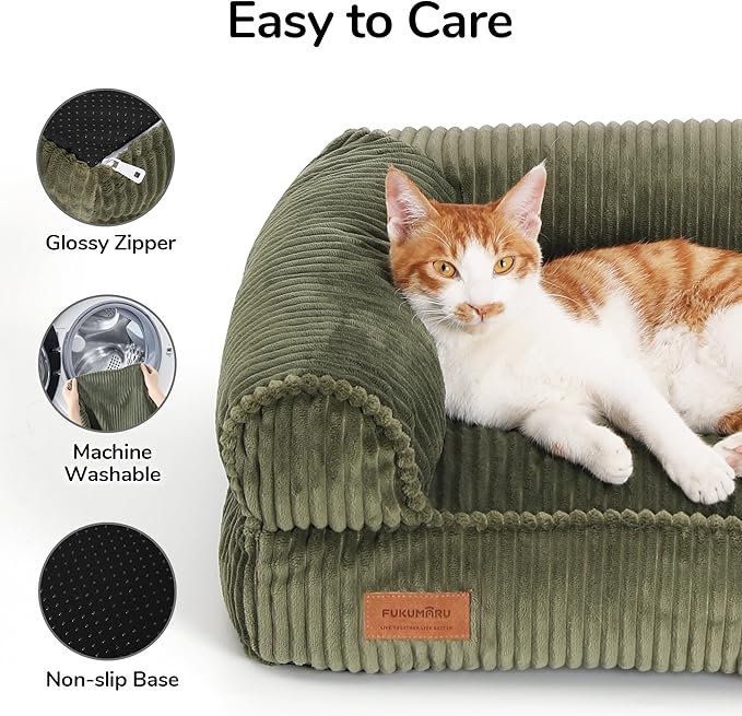 FUKUMARU Dog Couch Bed, Corduroy Cozy Cat Bed for Indoor Cats with Washable Cover, Supportive Waterproof Dog Beds Sofa for Small Dogs and Large Cats Cute, 28inch, Medium, Green-PawvioPets