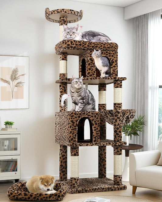 Globlazer Heavy Duty Cat Trees for Large Cats, Sturdy 72in Maine Coon Cat Tree for Large Cat 20 lbs+ Heavy Duty Cat Tower for Adult Biggest Cats with 6 Scratching Posts, Hammock, S72, Leopard Print-PawvioPets