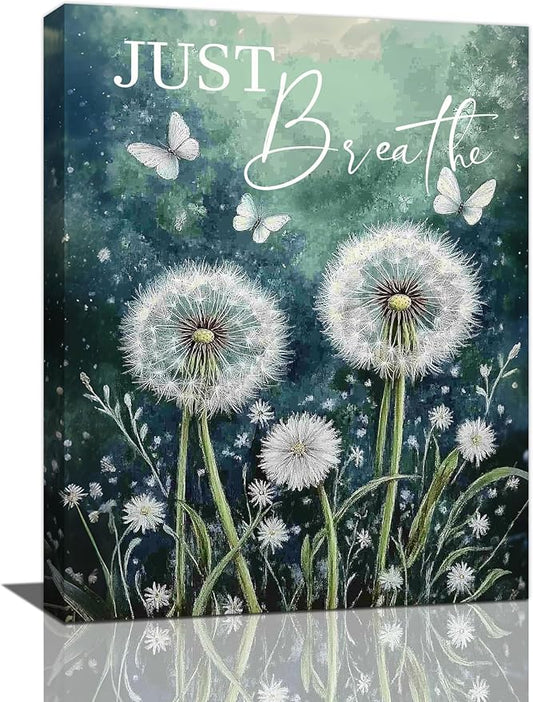 Dandelion Pictures Wall Art, Farmhouse Floral Bathroom Wall Decor, Rustic Inspirational Framed Painting Butterfly White Flower Canvas Artwork for Bathroom Bedroom Living Room Decorations 24"L x 16"W-PawvioPets