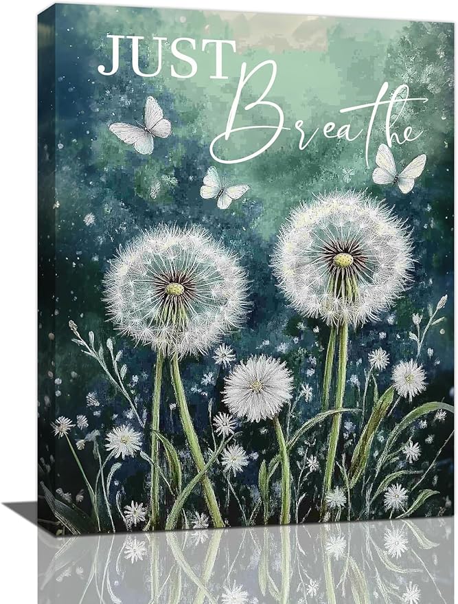 Dandelion Pictures Wall Art, Farmhouse Floral Bathroom Wall Decor, Rustic Nature Inspirational Framed Painting Butterfly White Flower Canvas Artwork for Bedroom Living Room Decorations 16"L x 12"W-PawvioPets