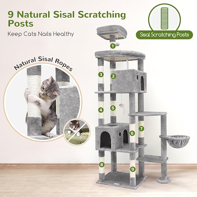 Globlazer Giant Cat Tree, 83 inch Cat Tree for Indoor Cats Large Adult, XXL Cat Tower with 9 Scratching Posts for 20lb+ Heavy Duty Large Adult Cats, F83, Light Grey-PawvioPets