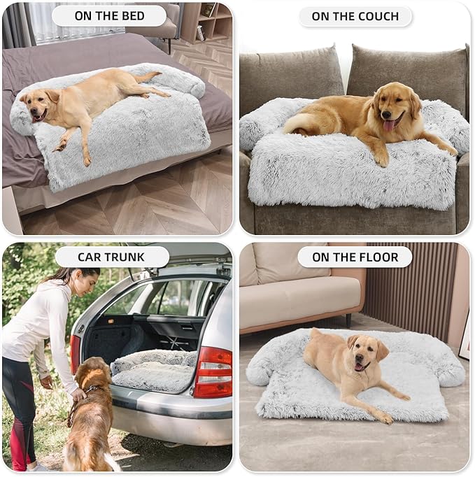 Calming Dog Bed Fluffy Plush Dog Mat for Furniture Protector with Removable Washable Cover for Large Medium Small Dogs and Cats (Extra Large (53x39.3x6), Light Grey)-PawvioPets