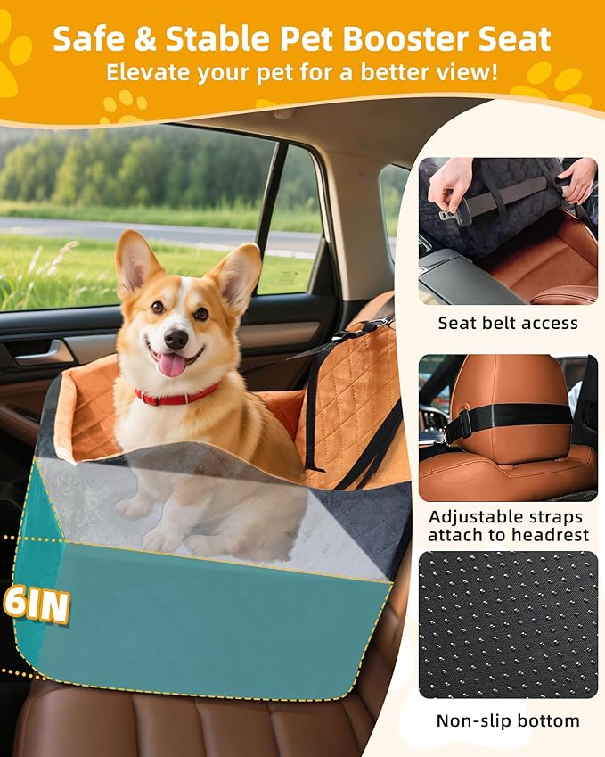 Car Seat Booster for Dog: High-Support Memory Foam Pet Car Seat for Small/Medium Dogs Under 35lbs with Elevated Cushion,Pockets - Detachable Washable Puppy Travel Bed for Driving(Black/Brown)-PawvioPets