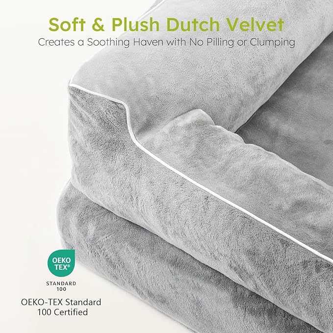 Dog Beds for Large Dogs, Orthopedic Dog Bed with Cooling Gel Memory Foam, Waterproof Large Pet Bed with Removable Washable Cover, 36" Pet Sofa Couch Dutch Velvet with Bone Toy, Light Gray-PawvioPets