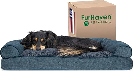 Furhaven Pillow Dog Bed for Medium/Small Dogs w/ Removable Bolsters & Washable Cover - Sherpa & Chenille Sofa - Orion Blue, Medium-PawvioPets