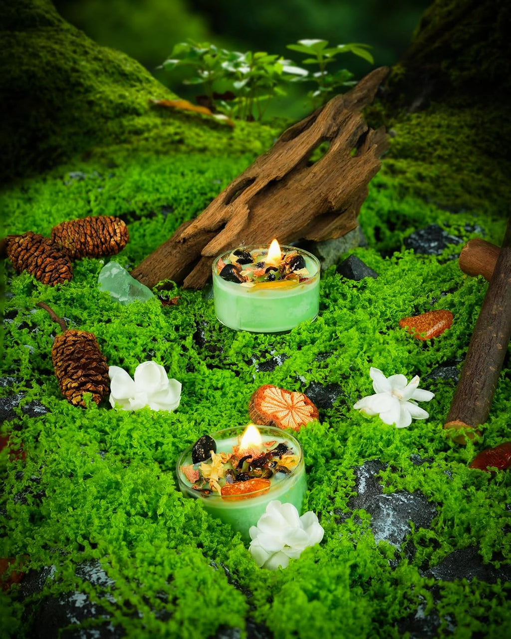 Tealight Soy Candles with Crystals And Herbs, Handmade Energy Candles, Healing Crystal Soy Candles, Aromatherapy Candles. (Green)