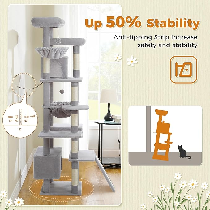 81 Inches Tall Cat Tree for Indoor Cats Large Adult - Heavy Duty Multi-Level Cat Tower with Large Metal Frame Hammock, Scratching Pad, 2 Top Perches, 2 Cozy Condos & 6 Scratching Posts - Gray-PawvioPets