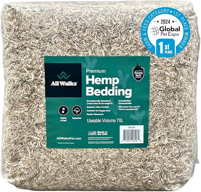 All Walks 70 Liter Hemp Bedding for Chicken Coops, Horses, Ponies, Llama, Emu, Ducks, and Turkeys - 100% Natural, Superior Odor Control, Biodegradable Pet Bedding, Dust-Free - Made in USA-PawvioPets