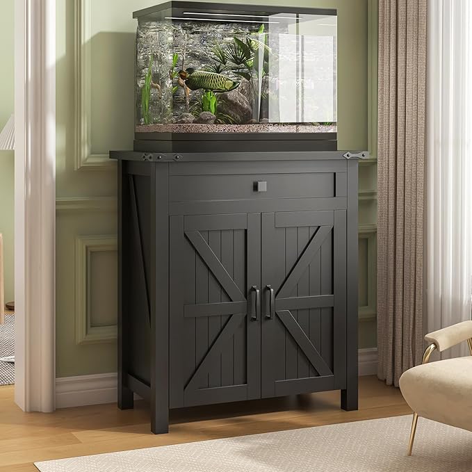 20 Gallon Aquarium Stand With Charging Station, Farmhouse Fish Tank Stand, Reptile Tank Stand Terrarium Stand with Drawer and Cabinet Storage, Sturdy Heavy Duty 27.6"×15.7" Tabletop - Black-PawvioPets