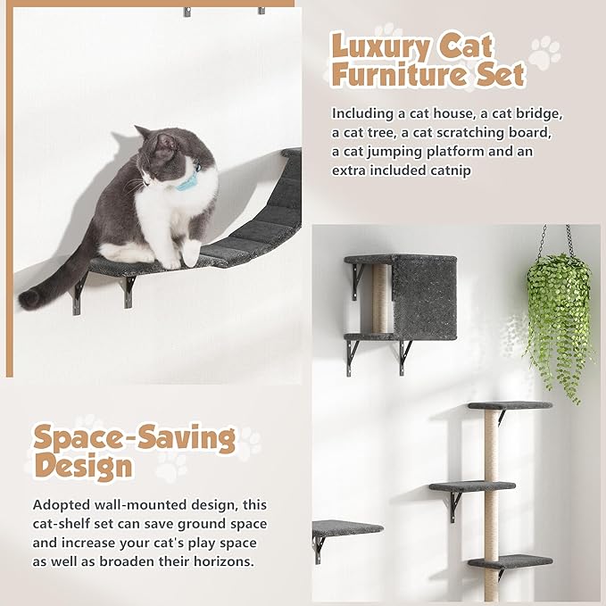COZIWOW Wall Mounted Cat Furniture, Cat Wall Shelves and Perches, Floating Cat Shelves for Wall Set of 5 (Grey)-PawvioPets