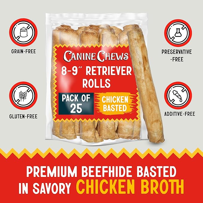 Canine Chews 8-9" Chicken Basted Dog Rawhide Retriever Rolls (25 Pack) - USA-Sourced Chicken Basted Dog Chews - Healthy Dental Chews-PawvioPets