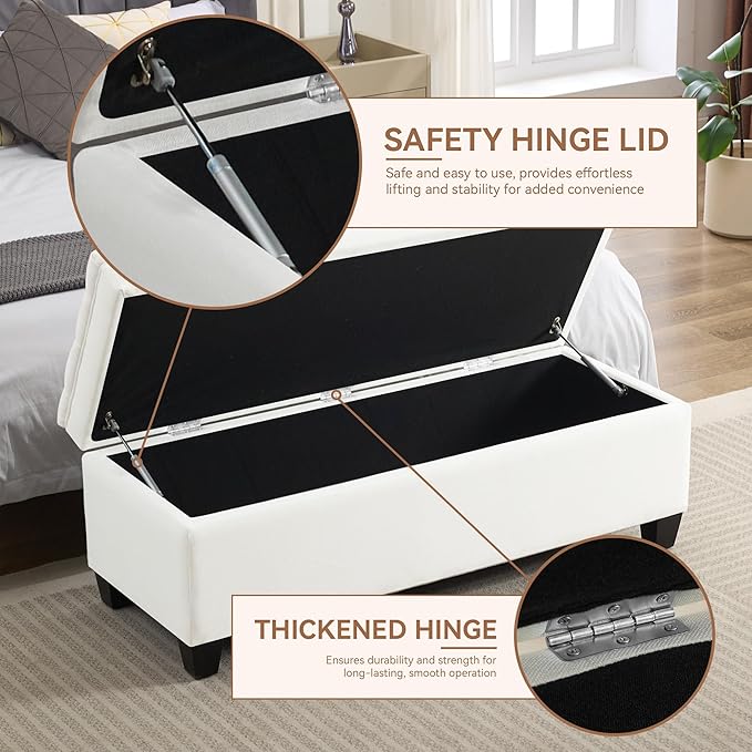 51" Fabric Storage Ottoman Bench, Upholstered Rectangle End of Bed Storage Ottoman Tufted Living Room Bedroom Bench with Safety Hinge, Solid Wood Legs, Loads 500 lb(Beige)-PawvioPets