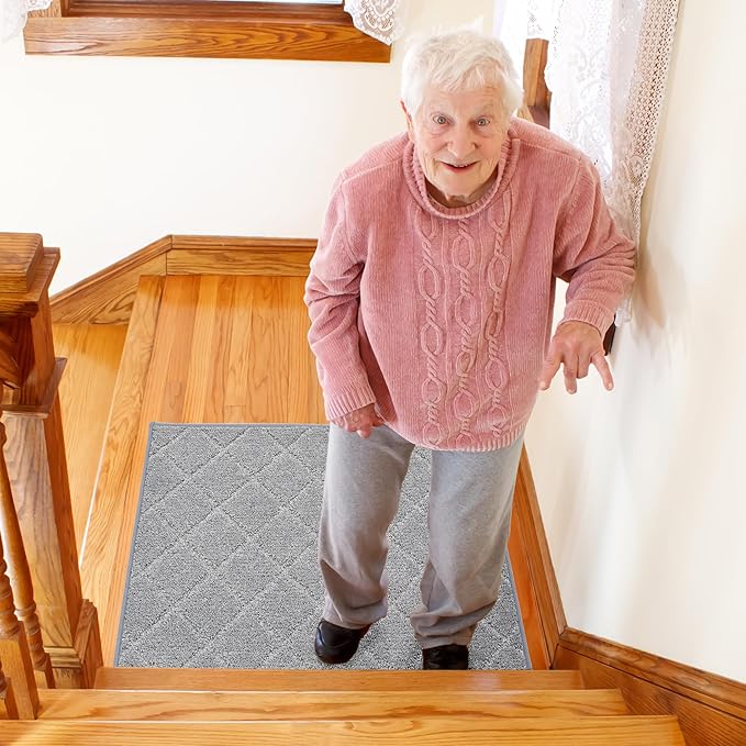 COSY HOMEER Edging Stair Treads Non-Slip Corner Indoor Stair Runners for Wooden Steps,Landing Slip Resistant Stair Rugs for Kids and Dogs, 100% Polyester TPE Backing,Grey,20"X32"-PawvioPets