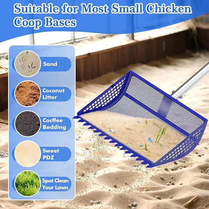 12 Inch Chicken Poop Scooper & Rake 2-in-1, Large Metal Shovel Head, Rubber Handle Stainless Steel Chicken Litter Scoop for Chicken Coops, Litter Screening Scoop (35 to 65in) US Patent Pending (Blue)-PawvioPets