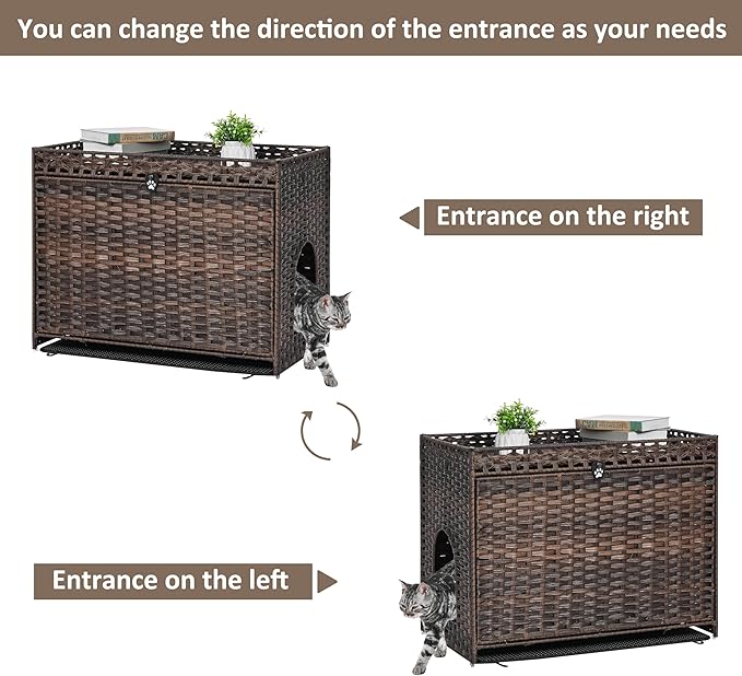 Cat Litter Box Enclosure with Soft Litter Mat; Hidden Cat Washroom Furniture with Door; Handwoven Rattan Cat House with Large Space; Pet Crate for Living Room, Bedroom, Balcony (Brown)-PawvioPets