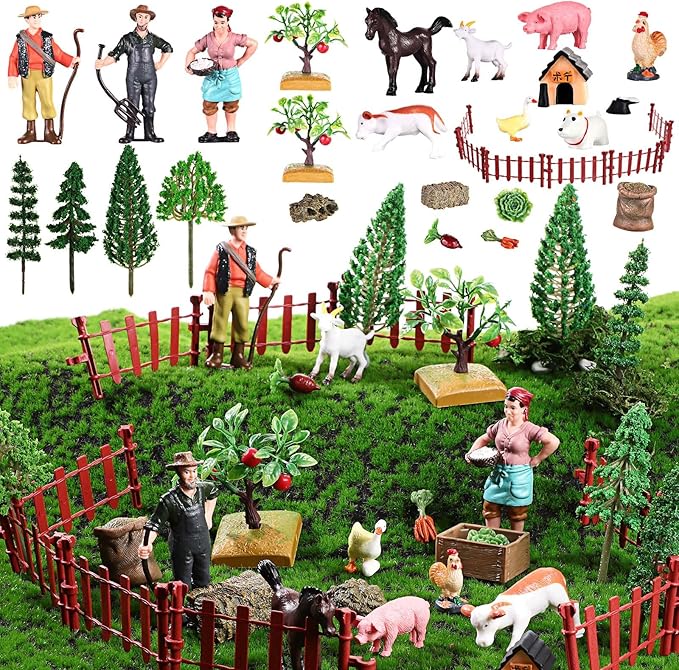 27 Pcs Farm Toys Set, 3 Little Farmer Figurines 9 Plastic Animals Figurines 10 Feed Food Fence Playset 4 Model Trees 1 Moss Mat Animal Farm Toys for Educational School Project Gift-PawvioPets