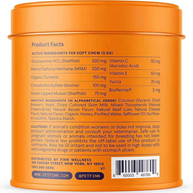 Finn Hip and Joint Supplement for Dogs | Glucosamine, Chondroitin & MSM for Joint and Mobility Support | with Turmeric, BioPerine and B-Vitamins | 90 Soft Chews-PawvioPets