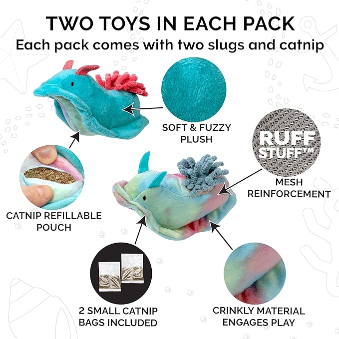 Furhaven 2-Pack Cat Toys w/ 2x Catnip Bags for Indoor Cats, Washable & Durable w/ Refillable Catnip Pocket - Plush Sea Slug Cat Toy Set - Blue/Tie Dye, Set of 2-PawvioPets