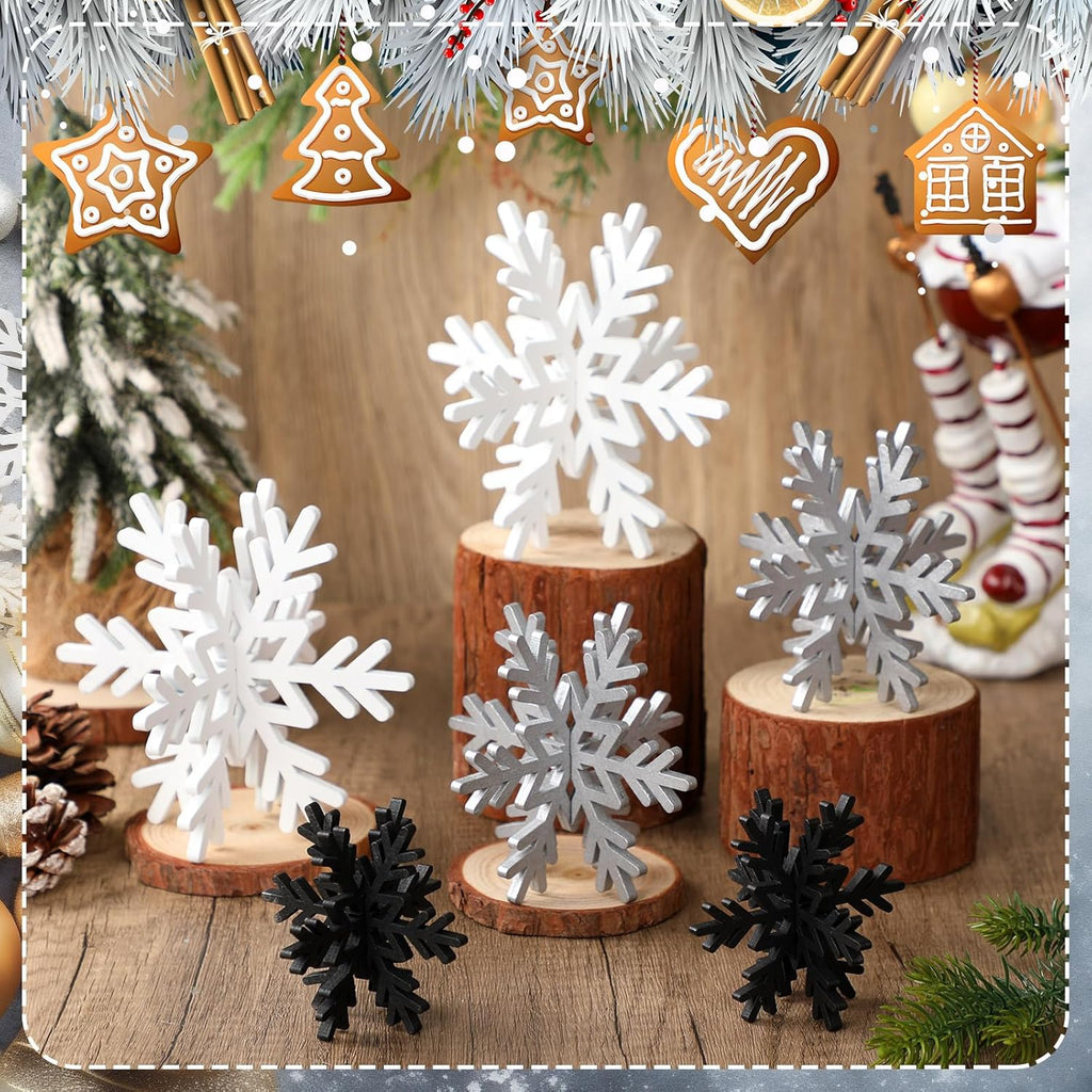 Bucherry 12 Pcs Wooden Snowflake Table Decor 3D Snowflake Tabletop Signs and Centerpiece for Christmas Xmas Winter Wonderland Decorations Home Party(White, Gray, Black)