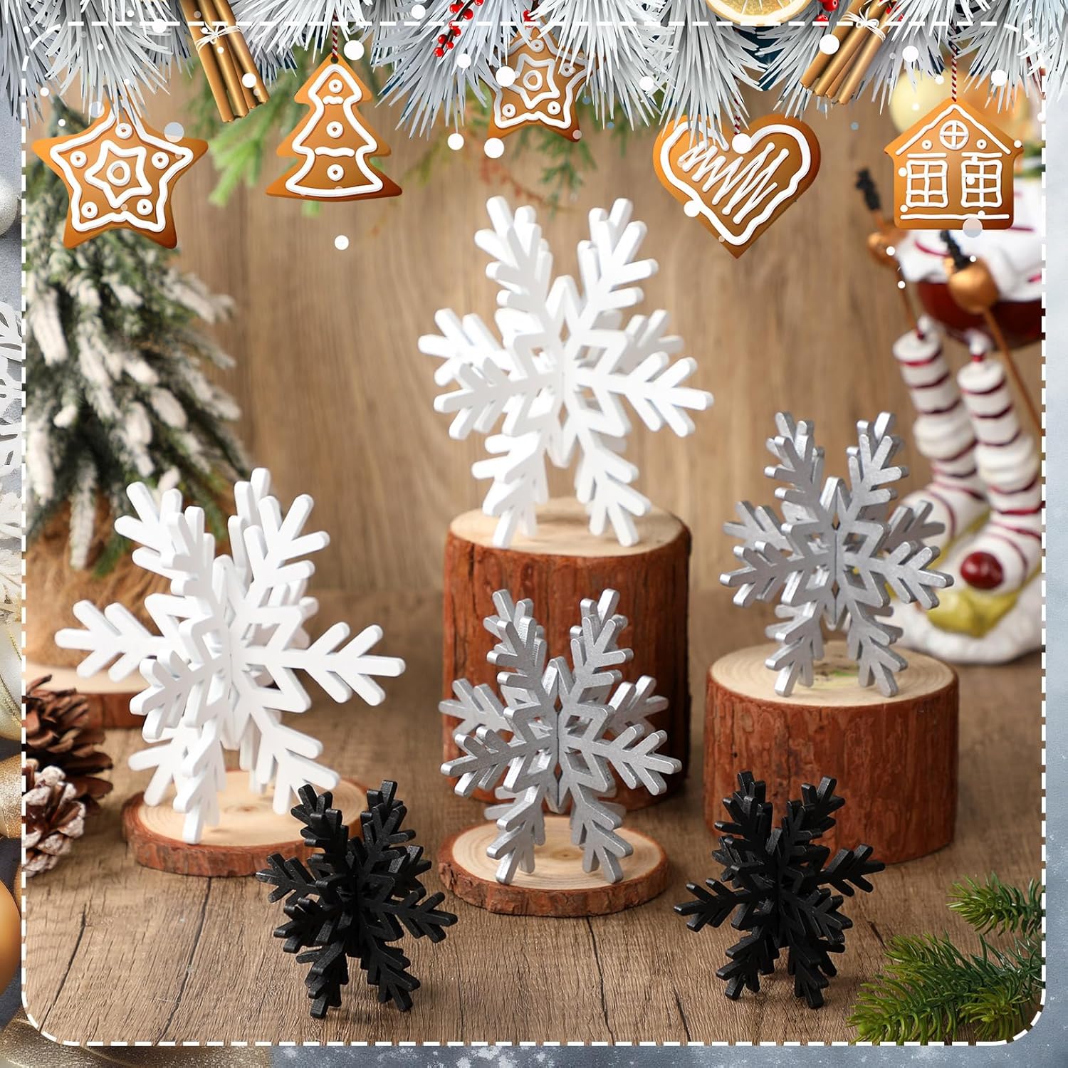 Bucherry 12 Pcs Wooden Snowflake Table Decor 3D Snowflake Tabletop Signs and Centerpiece for Christmas Xmas Winter Wonderland Decorations Home Party(White, Gray, Black)