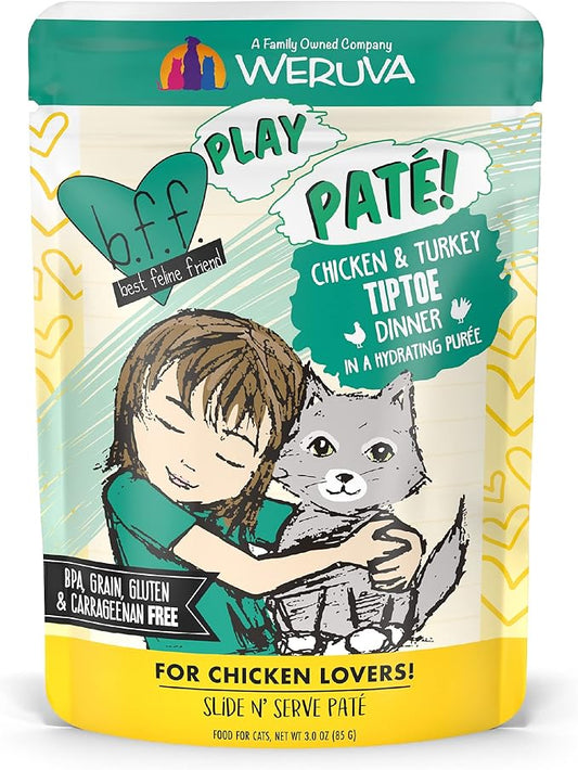 B.F.F. PLAY - Best Feline Friend Paté Lovers, Aw Yeah!, Chicken & Turkey Tiptoe with Chicken & Turkey, 3oz Pouch (Pack of 12)-PawvioPets