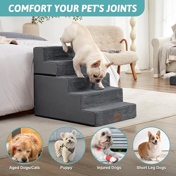 Dog Stairs for Small Dogs, 5 Tier Removable Wider Pet Stairs for Couch and Bed, 23.6" H Non-Slip Dog Steps for Puppies and Old Cats with Support Board, 29.5x19.7x23.6 inch, Dark Grey-PawvioPets