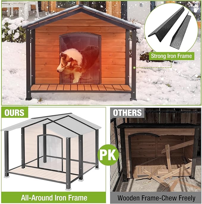 Dog House Outdoor Large Insulated Dog Kennel with Liner for Winter Waterproof Dog Cage for Small & Medium & Large Dogs,Unique All-Around Iron Frame-PawvioPets