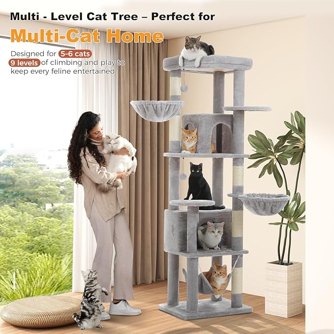 71.2" Tall Cat Tree for Indoor Cats - 9-Level Multi-Cat Tower w/5 Sisal Scratching Posts, 2 Condos, 3 Hammocks, Perch & Pom Poms - Heavy-Duty for Adult Cats, Space-Saving Plush Gray-PawvioPets