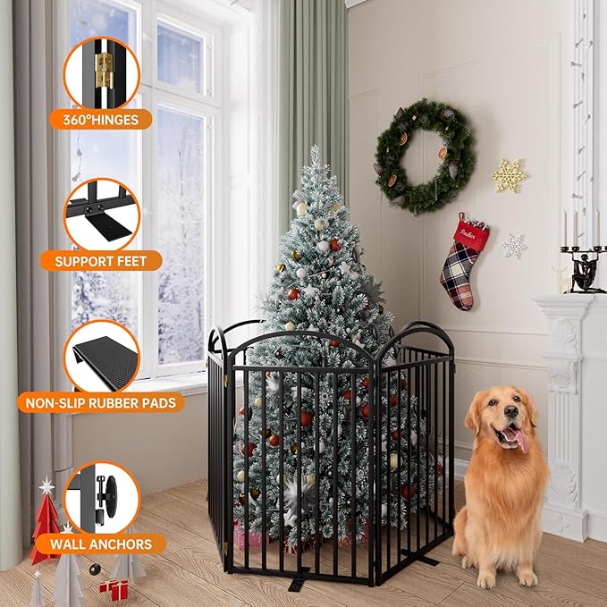 6 Panles Full Matel Freestanding Dog Gates with Door, 144"Extra Wide 36"Tall Free Standing Dog Pet Gate for Indoor & Outdoor. Foldable Pet Fences for Doorways, House, Stairs, Porch, Deck, Yard-PawvioPets