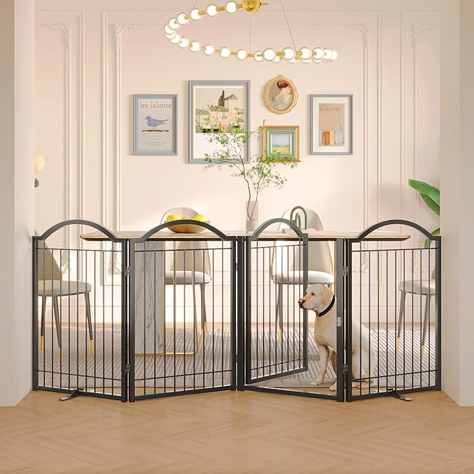 BHG Metal No-Assembly Freestanding Dog Gate with Door Walk Through, Extra Wide 96", Extra Tall 32" Pet Gate, Accordion Puppy Folding Playpen Dog Fence, with 2PCS Support (Black, 4 Panels)-PawvioPets