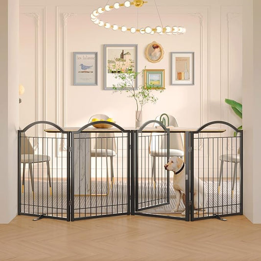 BHG Metal No-Assembly Freestanding Dog Gate with Door Walk Through, Extra Wide 96", Extra Tall 32" Pet Gate, Accordion Puppy Folding Playpen Dog Fence, with 2PCS Support (Black, 4 Panels)-PawvioPets
