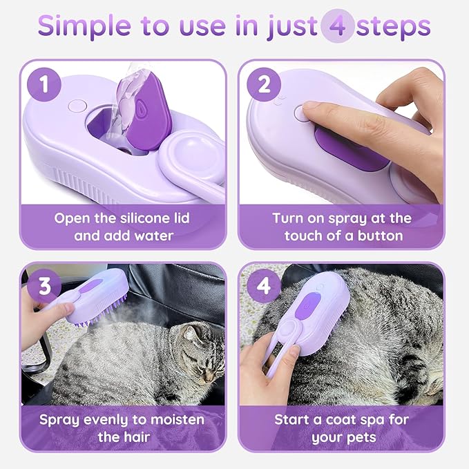GKZ Cat Steam Brush, 3 in 1 Pet Comb for Massage, Cleaning, Shedding and Combing, Electric Mist to Prevent Flyaways for Home, Dogs and Cat Lovers - Purple-PawvioPets