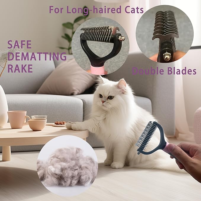 Cat Grooming Brush Kit 6 Tools - Deshedding & Dematting for Long/Short Hair, Self-Cleaning Slicker Brush with 6-in-1 Flea Comb for Cats & Kittens (Pink)-PawvioPets